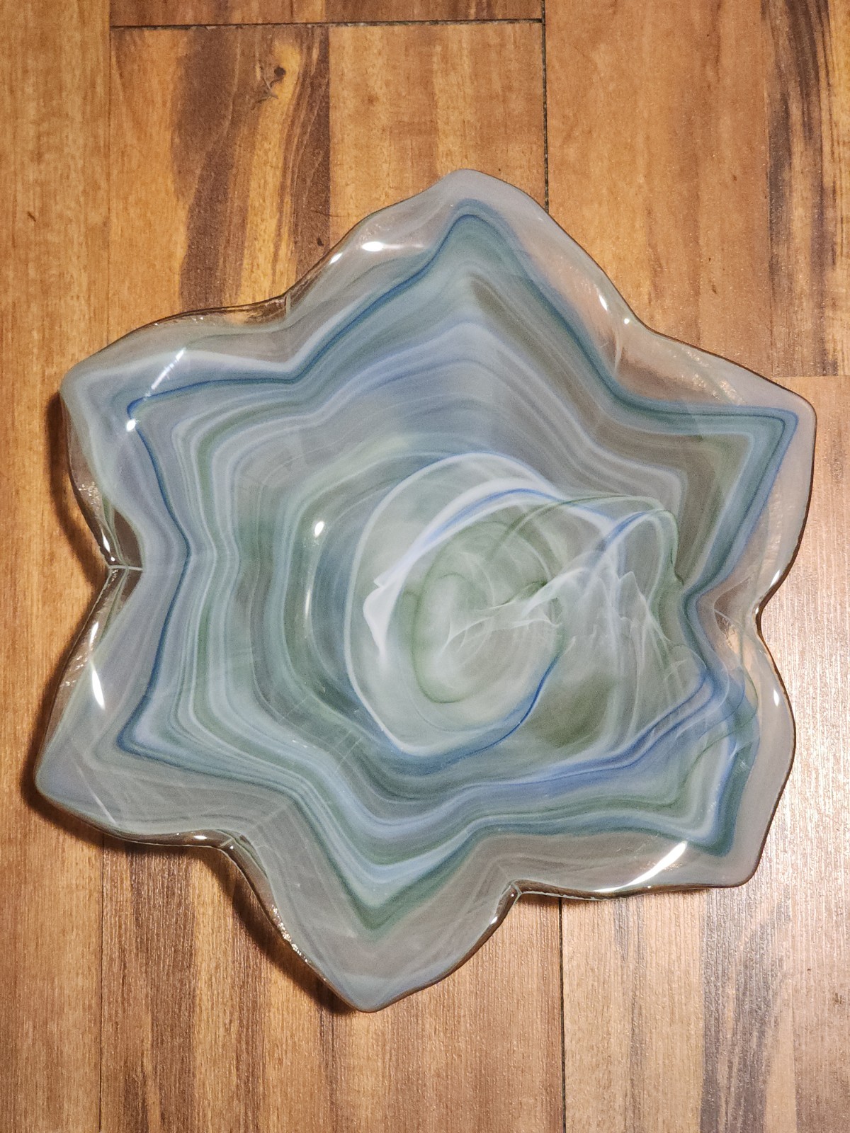 Vintage Murano Style Art Glass Swirl Bowl - Blue/Green/White Scalloped 14"