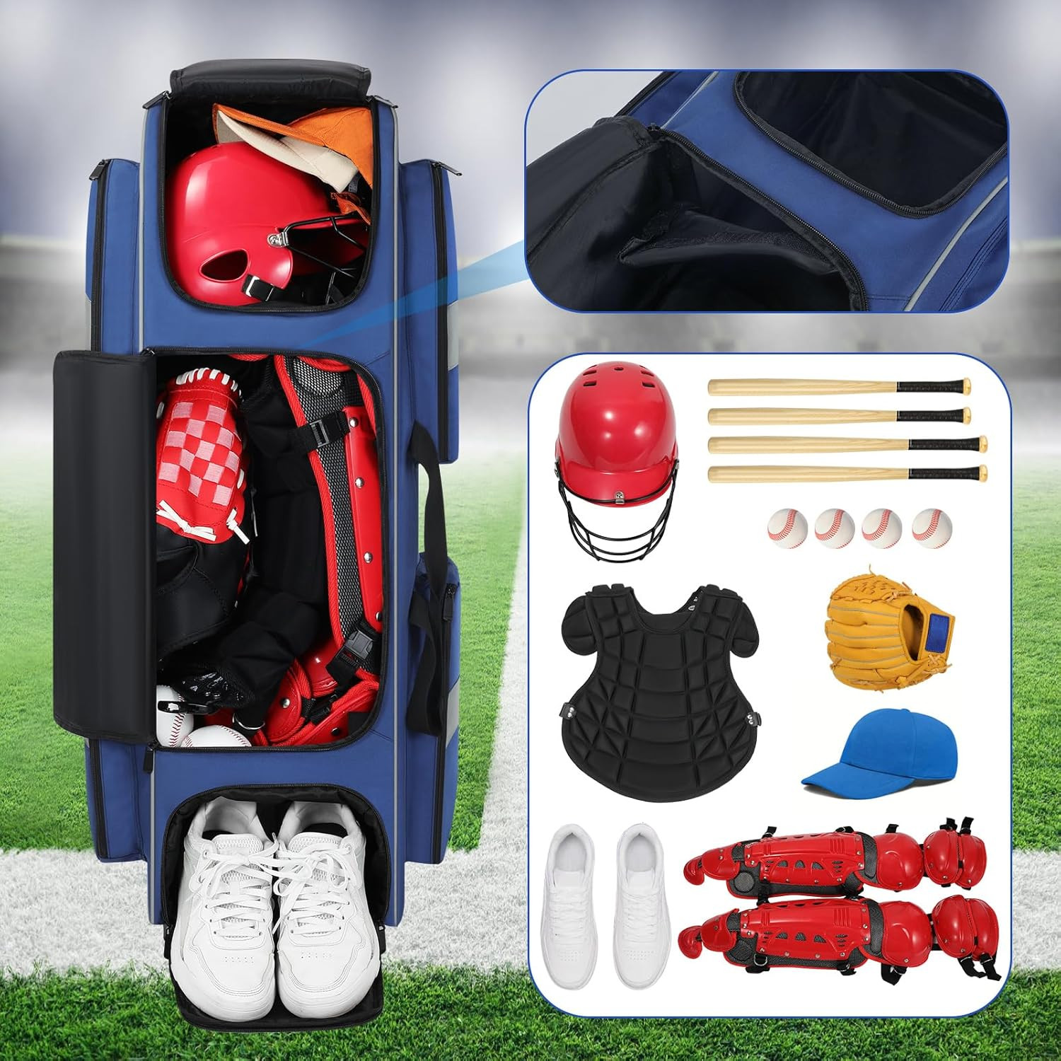 Catchers Gear Bag with Wheels, Soft Rolling Baseball Bag with Separate Shoe Comp