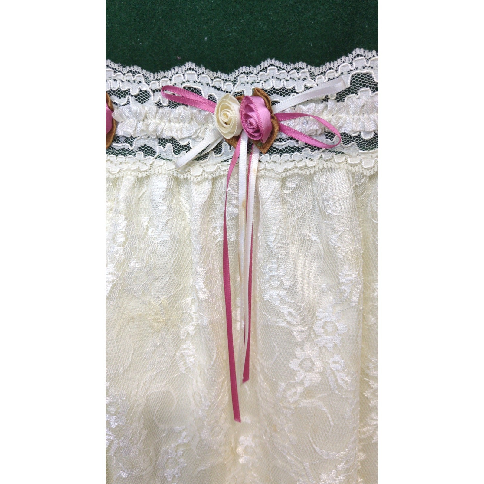 Vintage Retro Paper Tag Green Cream Lace Bow Velvour Short Sleeve Dress 4T