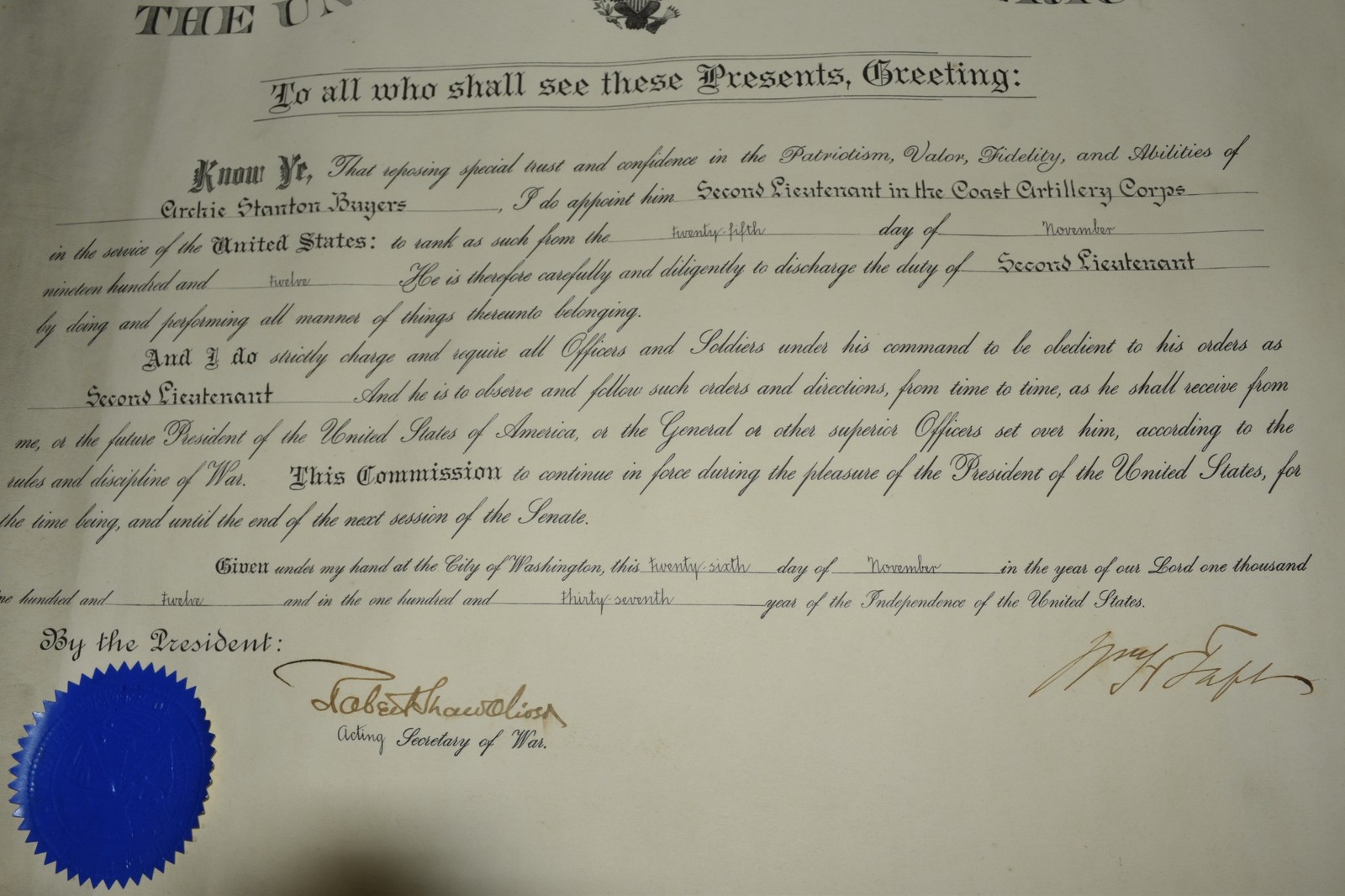 US OFFICIAL MILITARY COMMISSION NOV 1912 SIGNED BY PRESIDENT WILLIAM TAFT (AYK2)