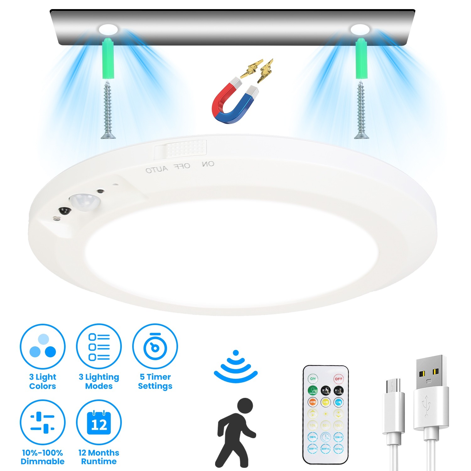 Magnetic Flush Ceiling Light Motion Sensor Dimmable Ceiling Light w/Remote Light