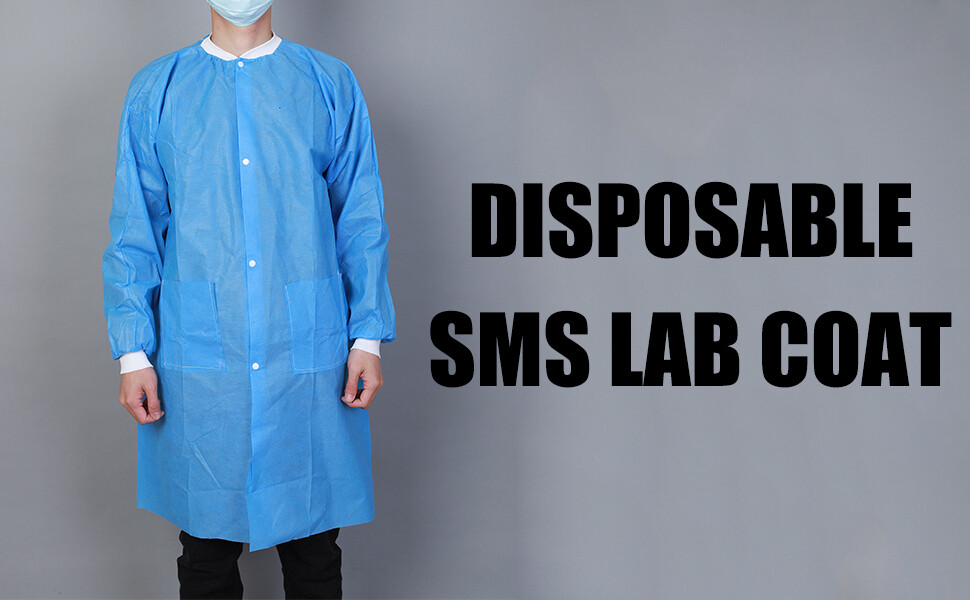 Case of 50 Medical Disposable SMS Lab Coat Gown Blue, 35gsm, With Pockets