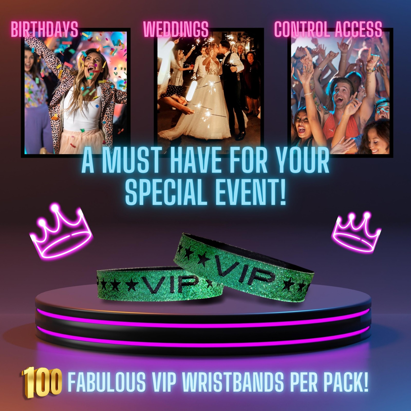 100 Pack Green Glitter VIP Party Wristbands with Secure Locking Clip. Must Ha...