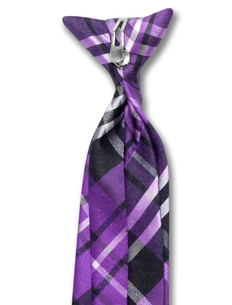 Vesuvio Napoli Boys CLIP-ON NeckTie PURPLE BLACK WHITE PLAID Youth Neck Tie
