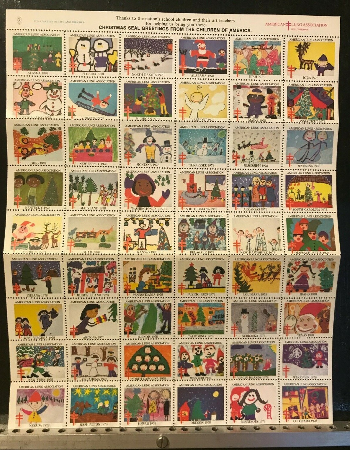 1978 Christmas Seals Full Stamp Sheet U.S. States Kids' Drawings
