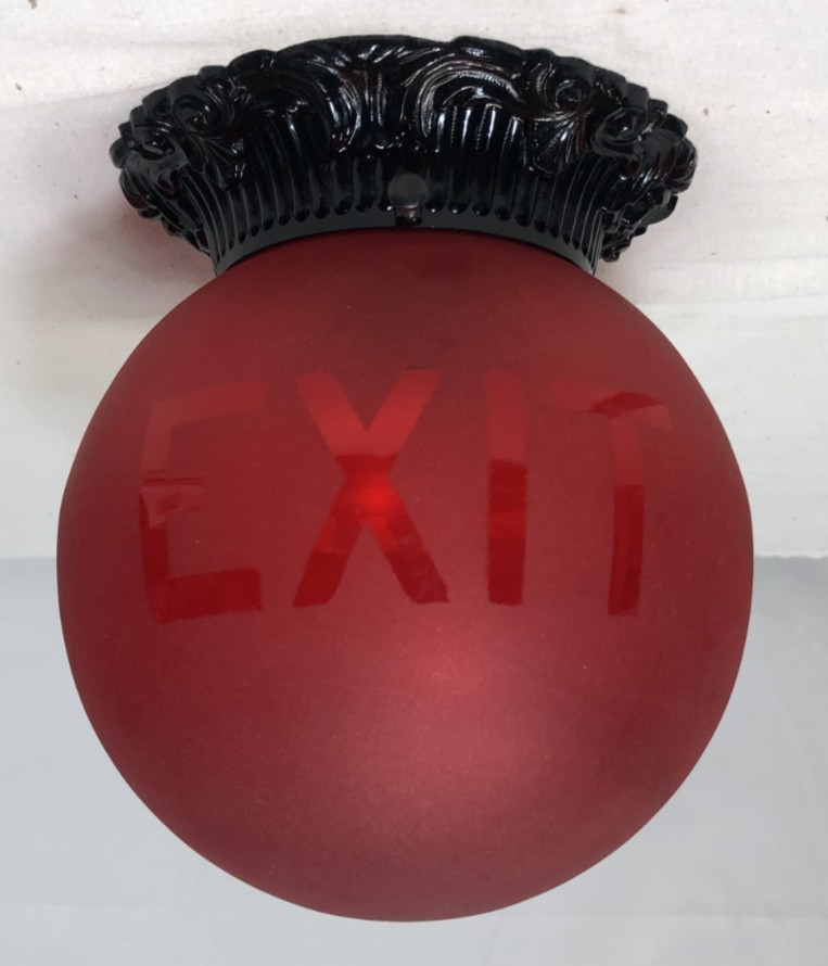 Antique Exit Glass Globe Vtg Ceiling Light Fixture Flush Frosted Art USA #L31