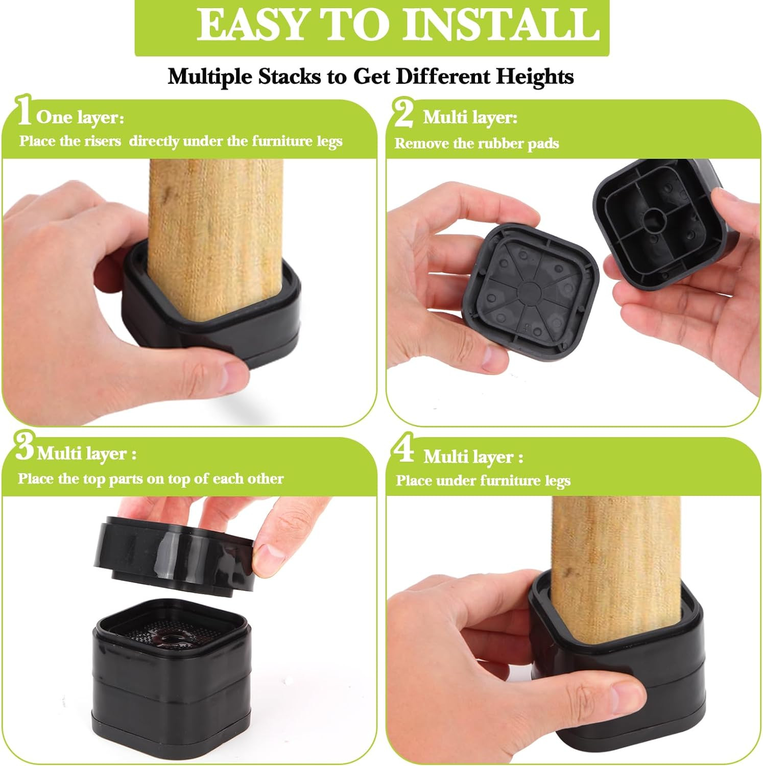 Adjustable 4-Pack Furniture Risers, Heavy Duty Bed Lifts, 1"-3" Height, Black