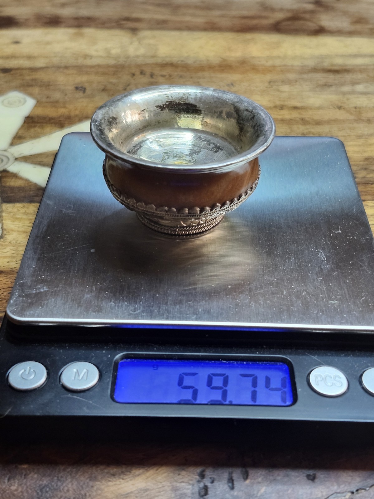 Tibetan Jha Phor Silver & Carved Stone Ritual Tea Bowl 2” Nepal 57.94 Grams