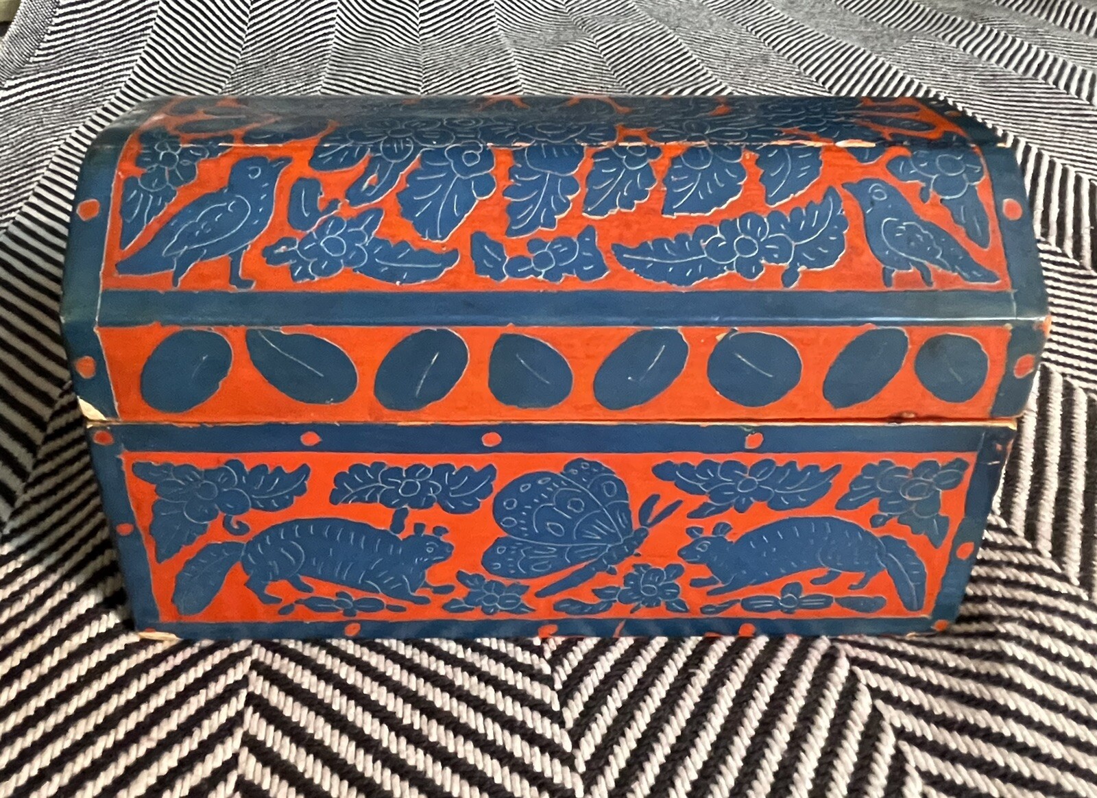 Large Antique Olinala Lacquered Wooden Box Chest Handmade Guerrero Mexico