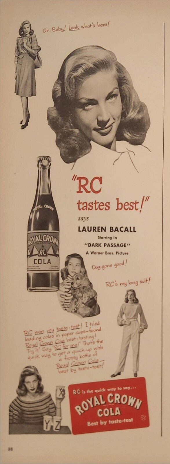 1947 Royal Crown Cola Soda Pop Vintage Ad Lauren Bacall