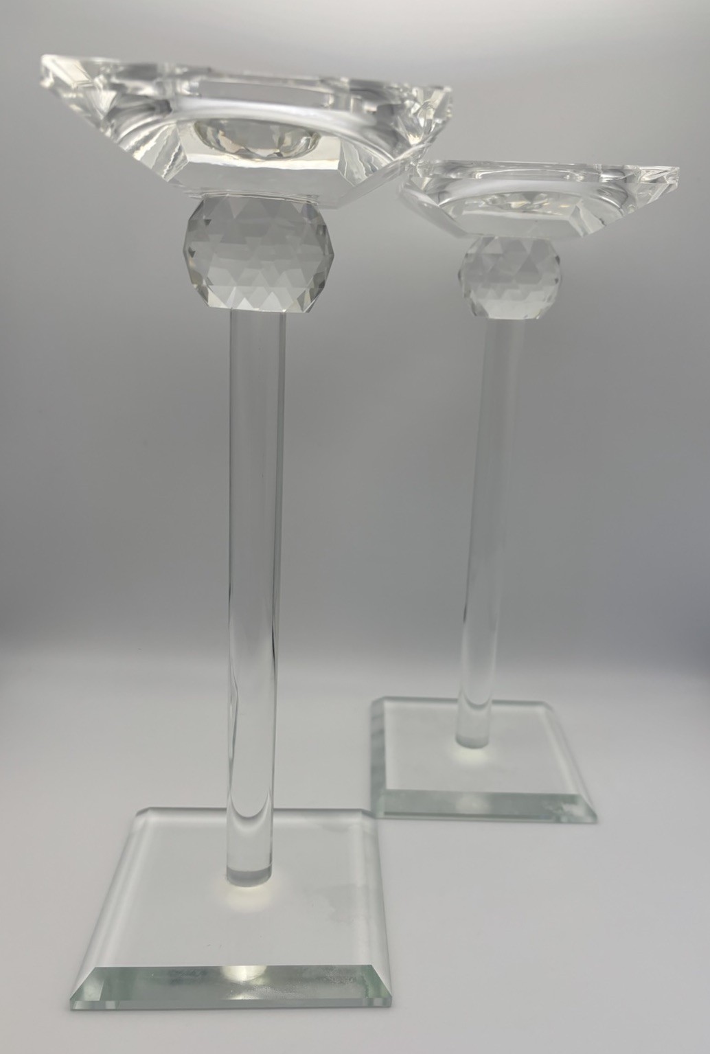 Crystal Faceted Candlesticks Pair 25cm Tall Modernist Art Glass
