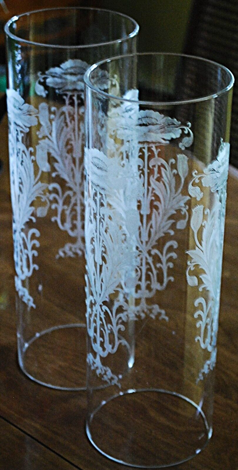 Set 2 TIFFIN FRANCISCAN Crystal Hurricane Lampshades FLANDERS CLEAR ETCH POPPIES
