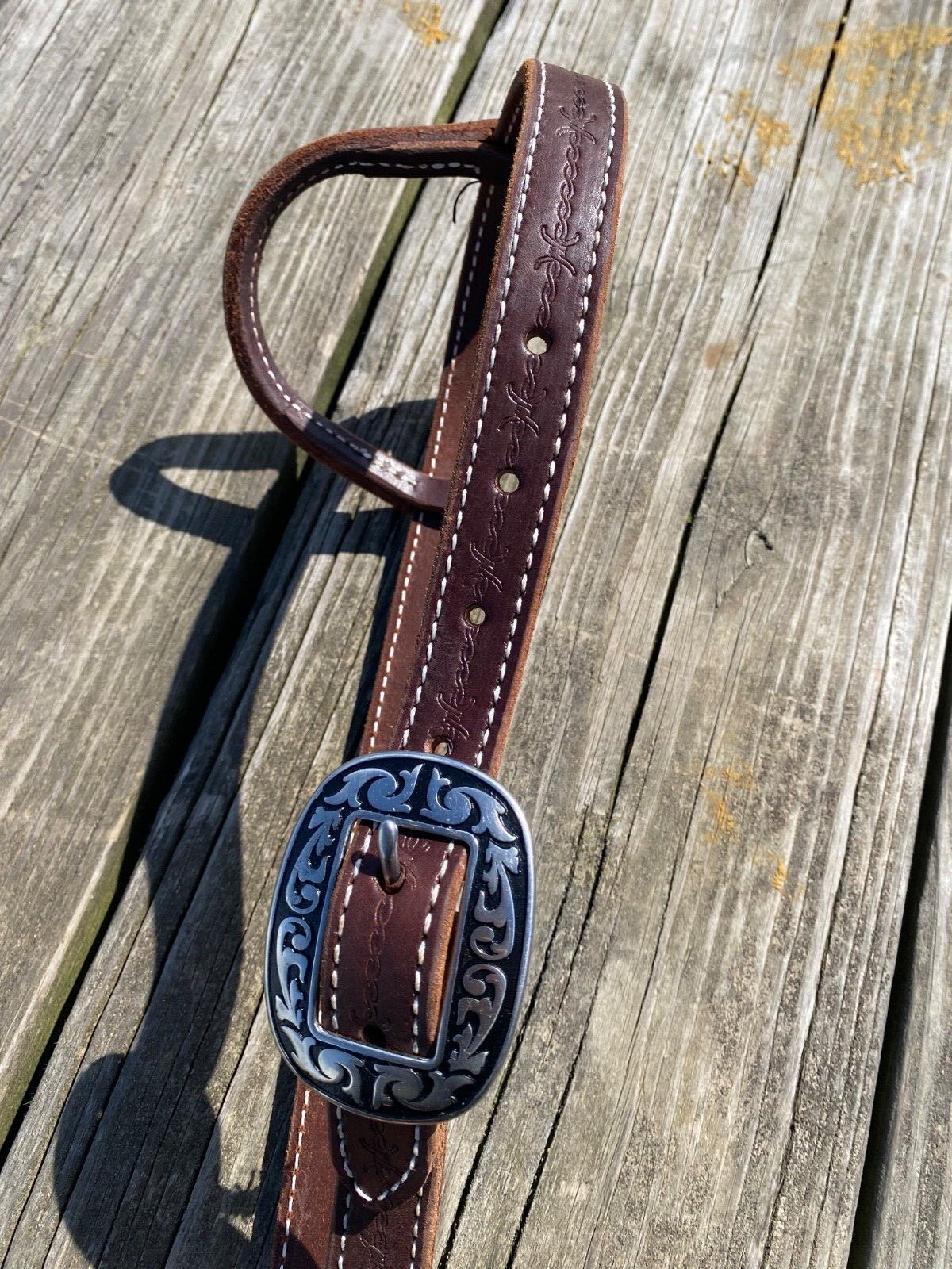 Amish made 1" barb wire tooled brown Western headstall w/Watt oval buckle