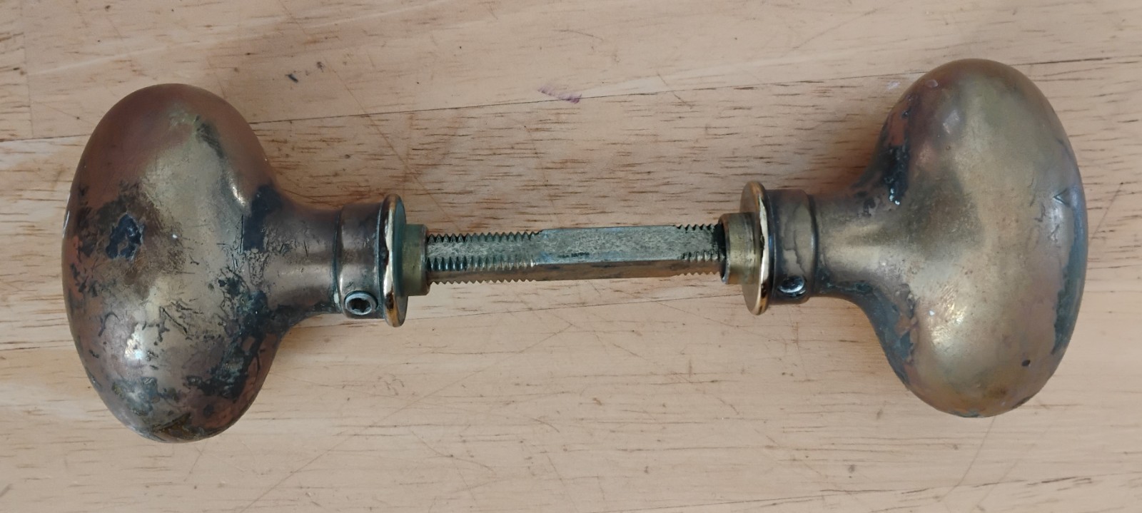 Vintage Pair of Solid Brass Door Knobs Oval Goose Egg Shaped Salvaged Reclaimed