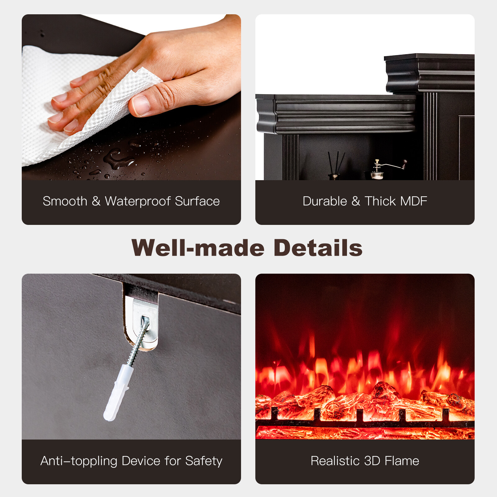 70"Fireplace TV Stand Media W/ 28.5" 750W/1500W Electric Fireplace Brown