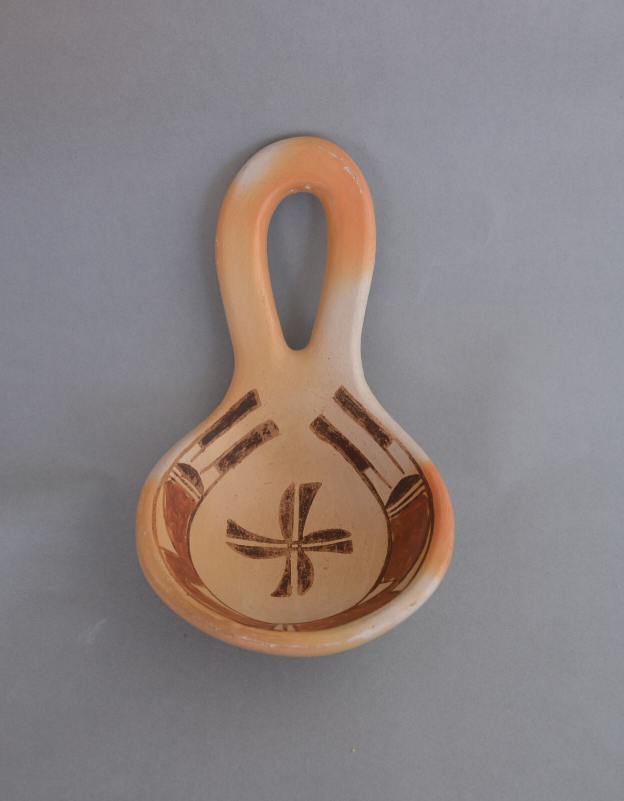 Large Old Hopi Indian Pottery Ladle - Polychrome - Cross Design - 10"