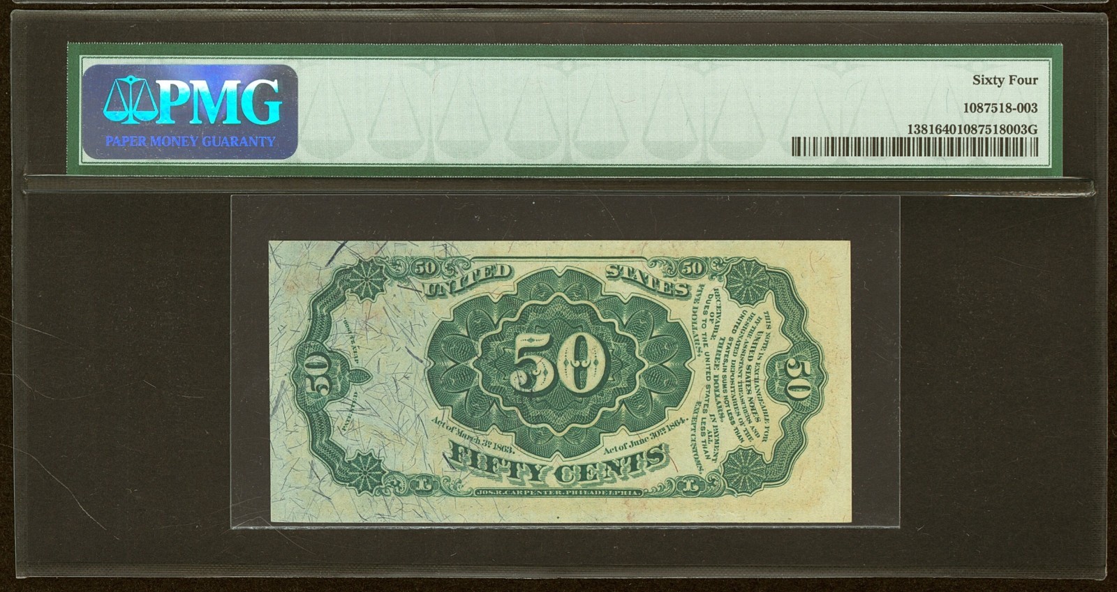 FR# 1381 Fractional Currency Civil War 50 CENT Fifth Issue. Choice UNC PMG 64