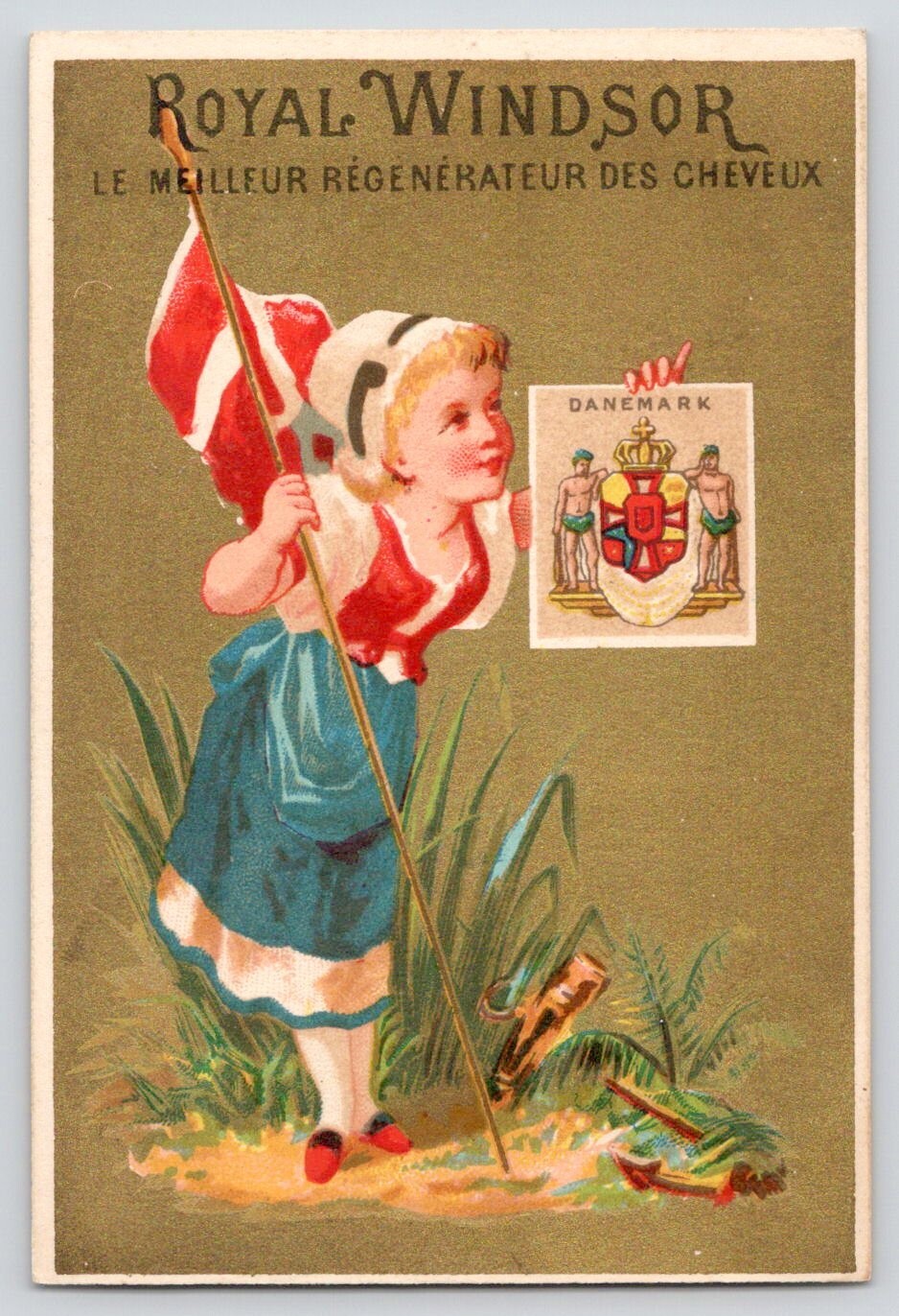 FRENCH Victorian Trade Card Royal Windsor Girl in Denmark Clothing Flag