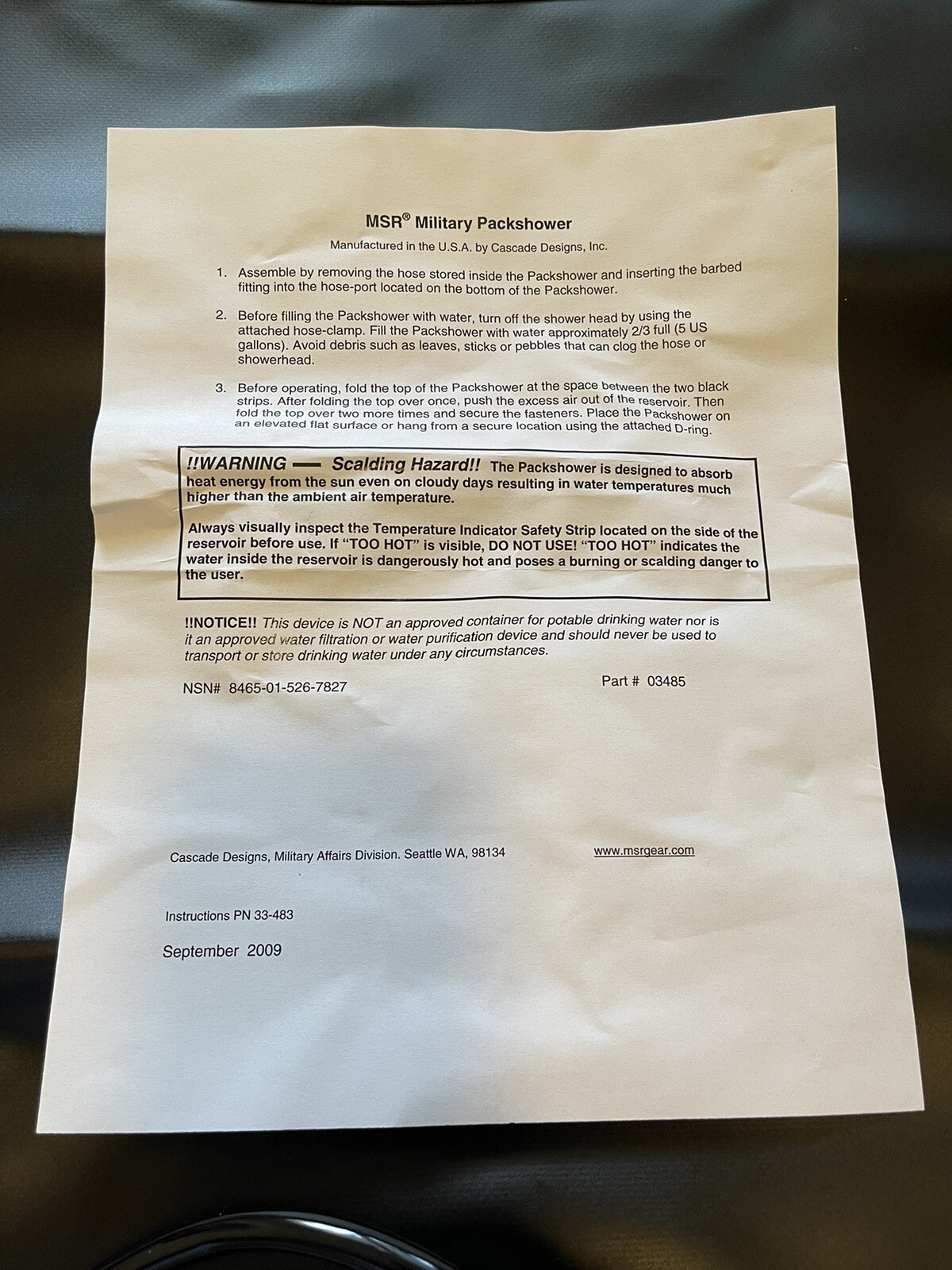 NEW MSR US Military Packshower 30L Camping Shower Dry Bag MSR-03485