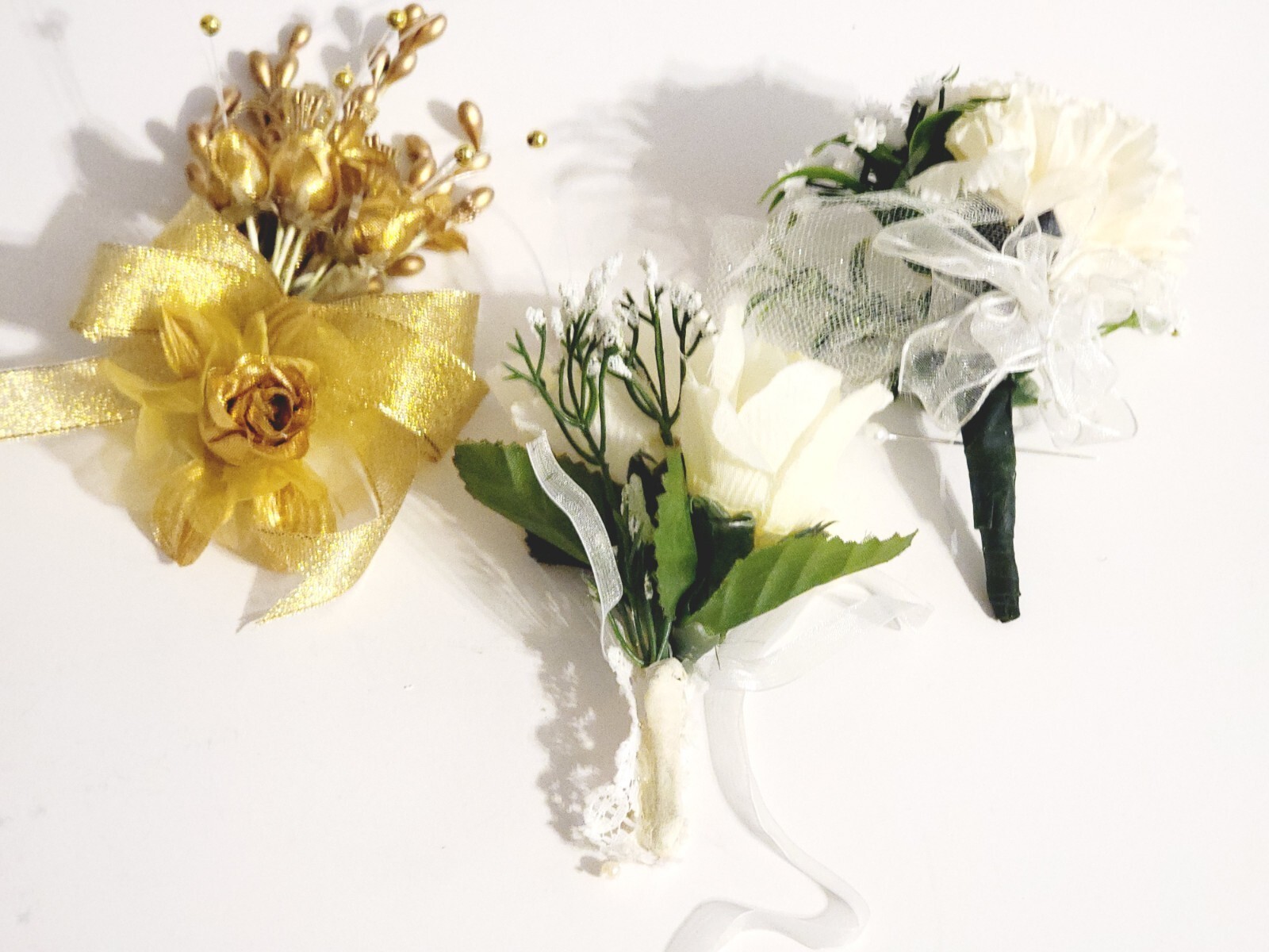 Set of 3 White or Gold Boutonniere For Wedding Prom, Artificial Flowers