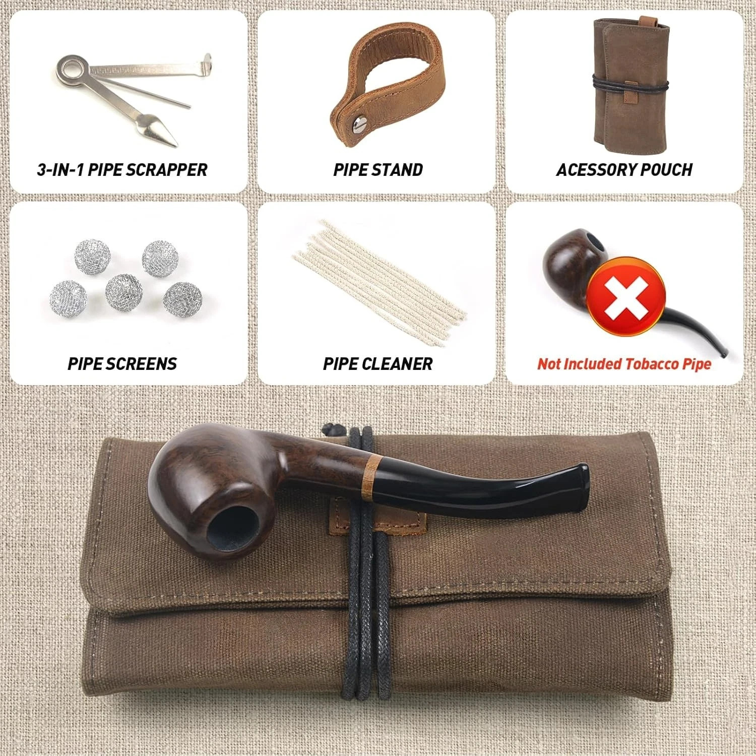 Waxed Canvas Tobacco Smoking Pipe Pouch with Leather Pipe Stand Travel Pipe Case