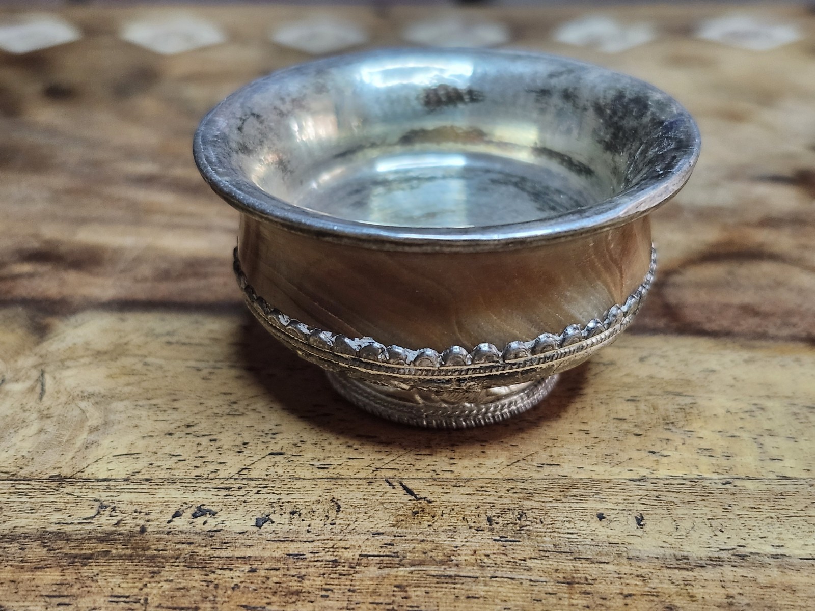 Tibetan Jha Phor Silver & Carved Stone Ritual Tea Bowl 2” Nepal 57.94 Grams