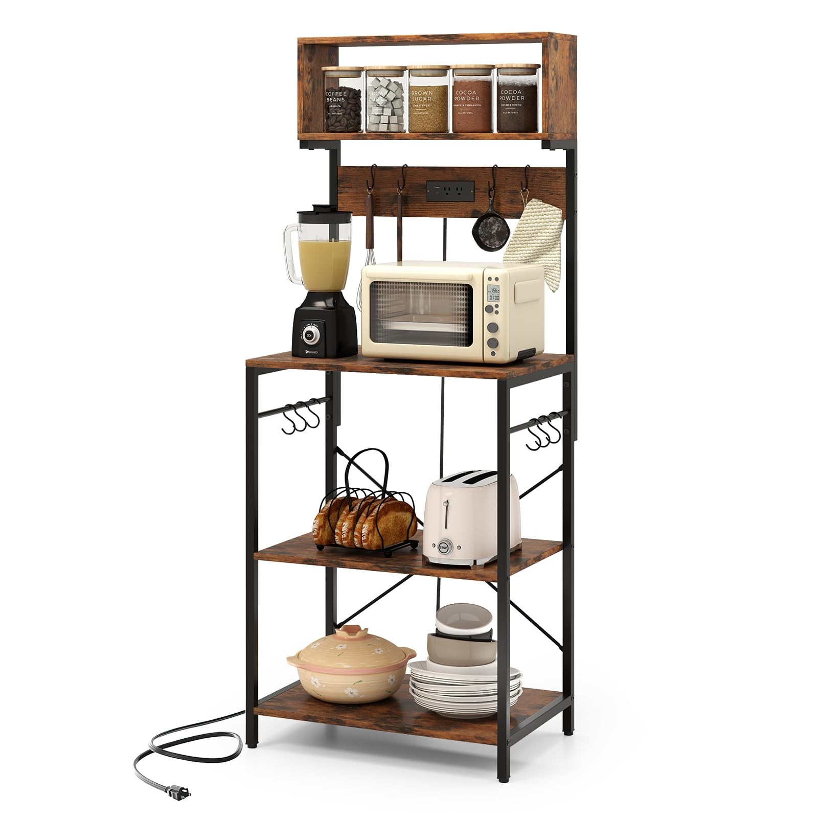 Baker’s Rack with Power Outlet, 5-Tier Microwave Stand with Open Shelves