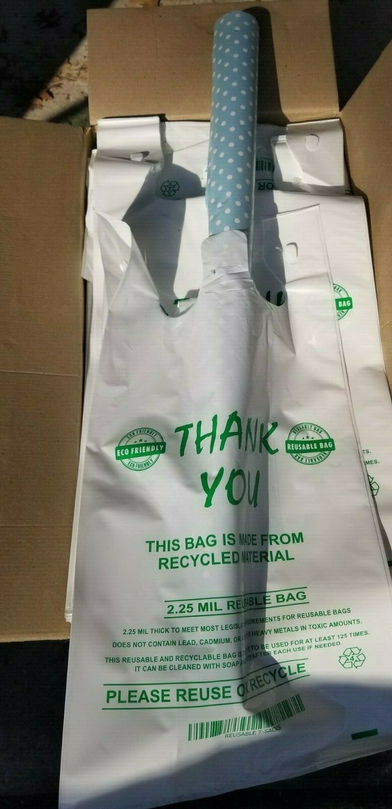 MyBrownBoxes 50pcs LG Thick (2.25Mil) "Reusable" Plastic Shopping Bags, 12x7x23