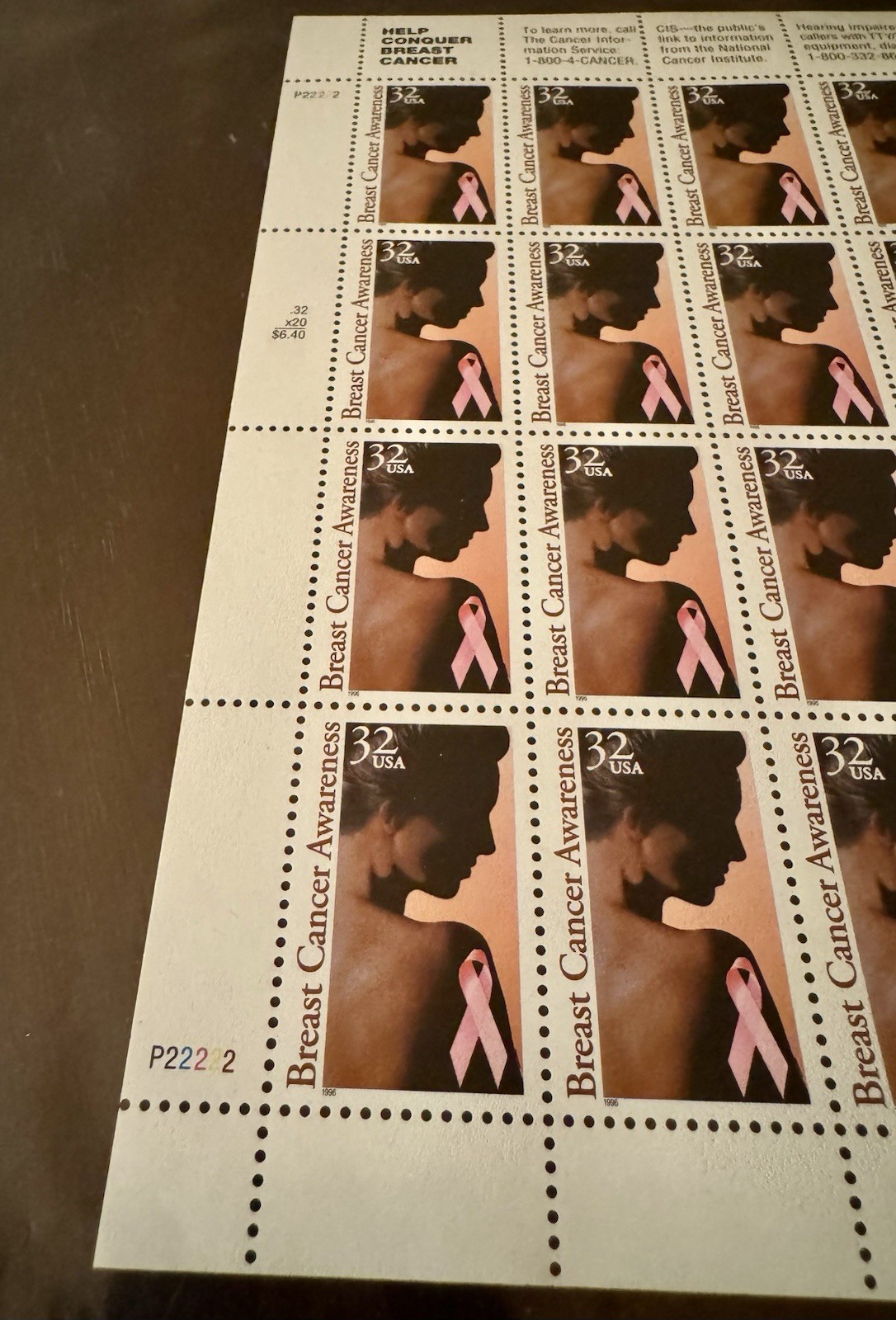 US Postage STAMPS 1996 Help Conquer Breast Cancer 32c 20 stamps MNH