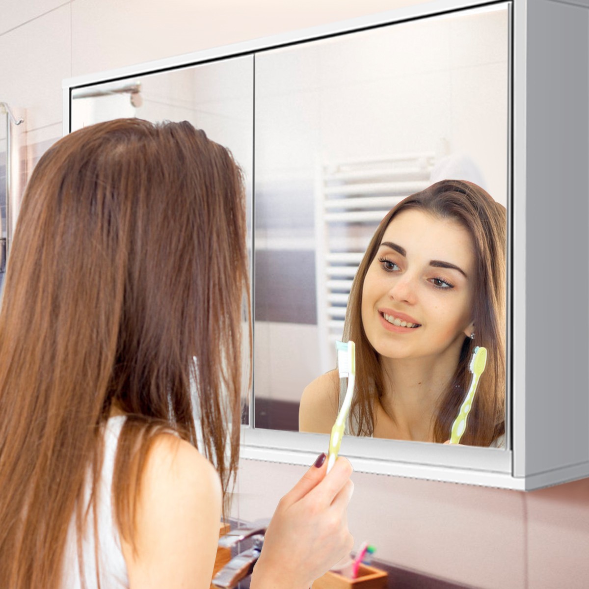 Wall Mounted Bathroom Storage Cabinet Organizer Shelves with Double Mirror Door