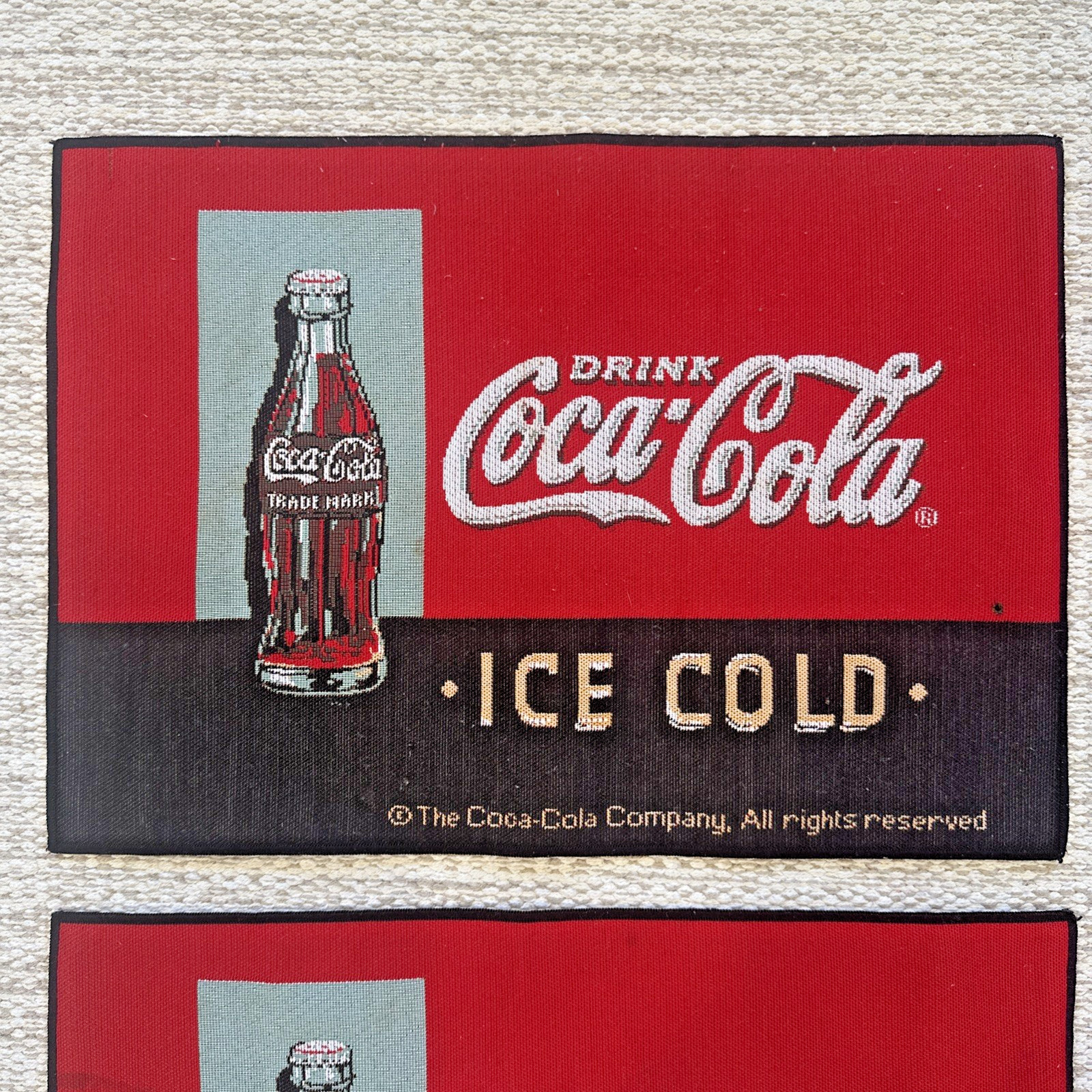 Drink Coca Cola Ice Cold Set of 4 Cloth Table Placemats Red Vtg Coke Ad ~18”x13”