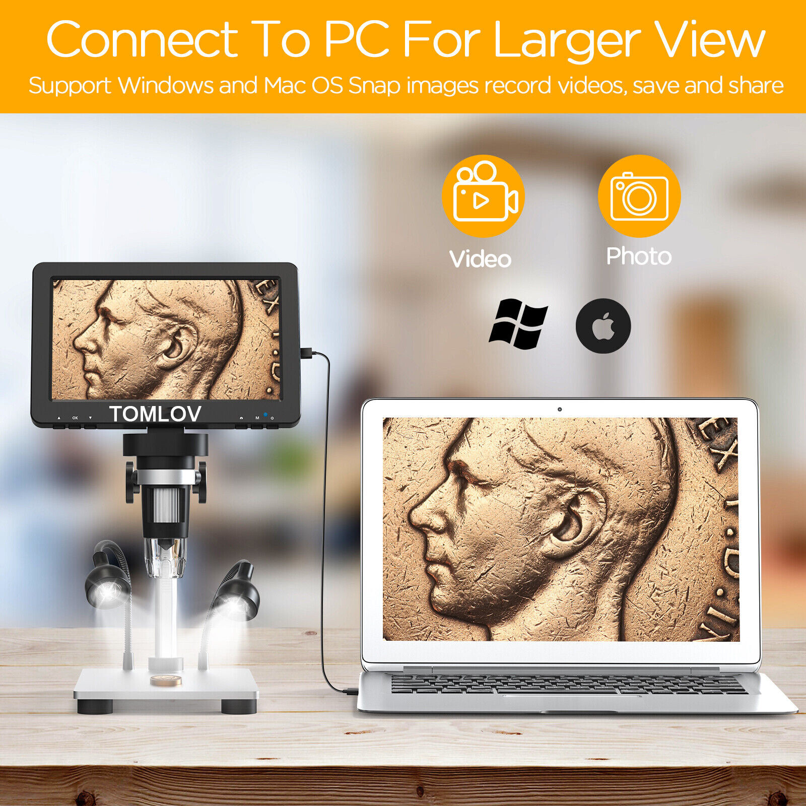 TOMLOV Digital Magnifier 1200X 7'' Coin Microscope camera Soldering Microscope