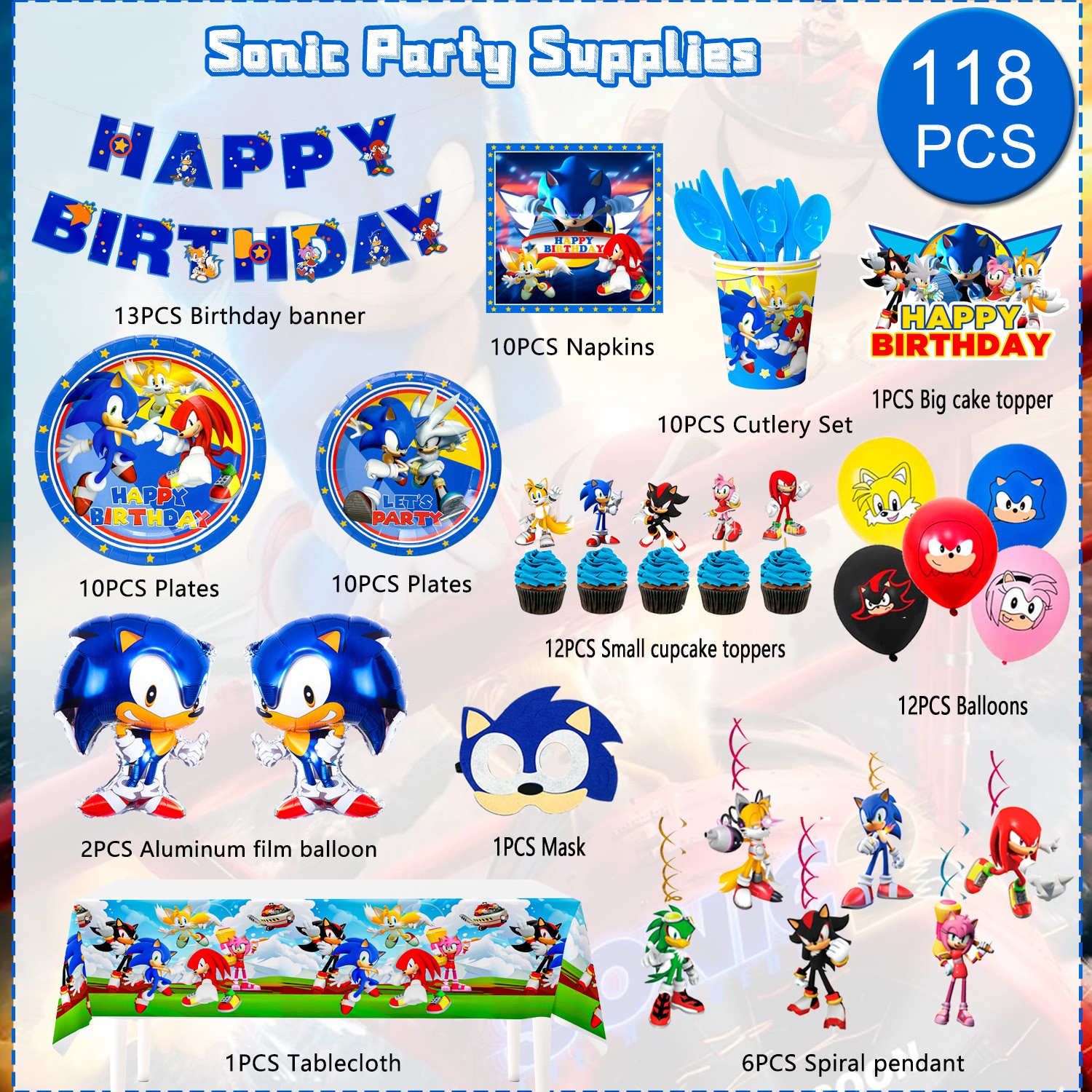 118 Pcs Sonic Birthday Party Decorations Sonic Party Tableware Plates Balloons