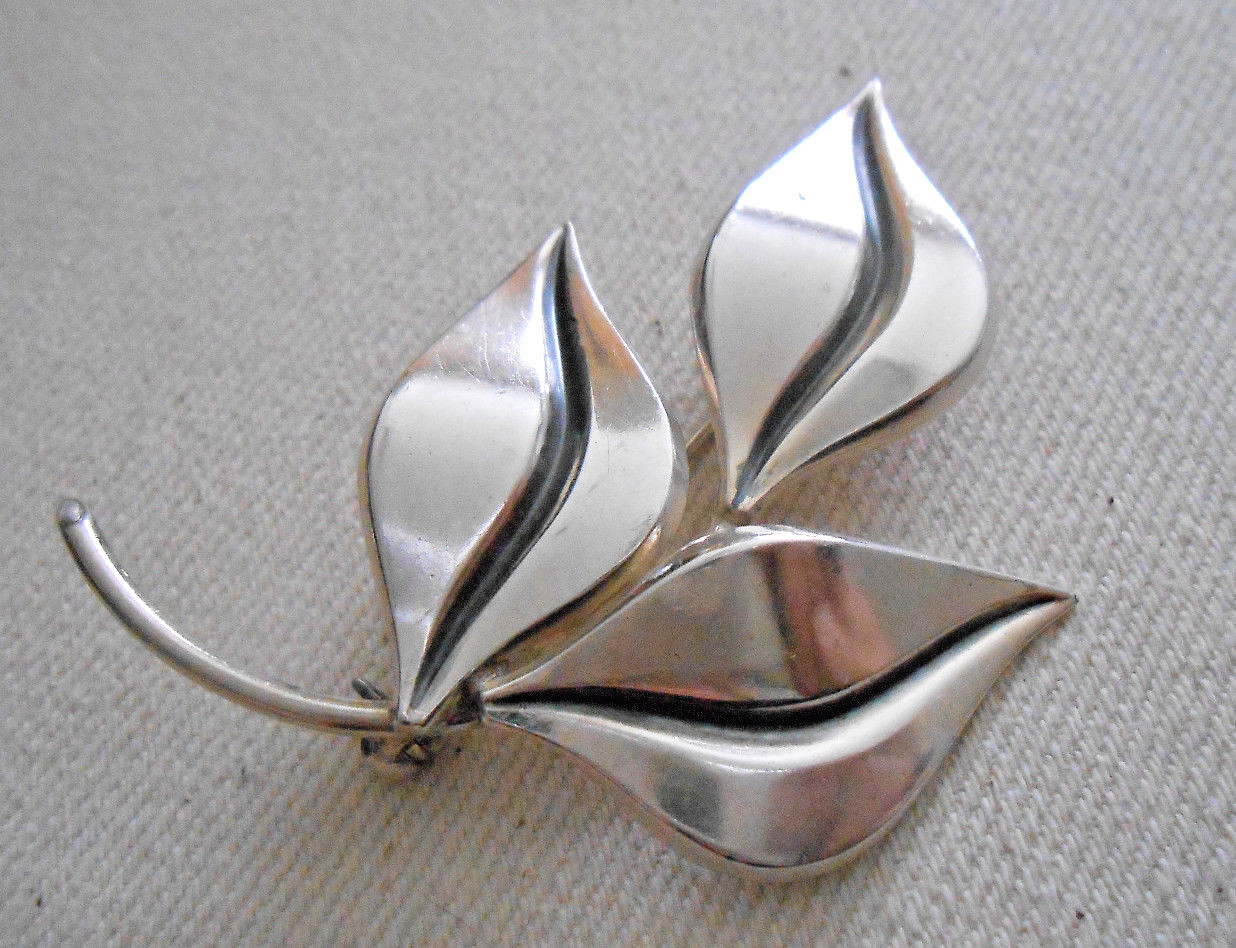Vintage Signed Sterling Silver Triple Leaf Brooch      242415