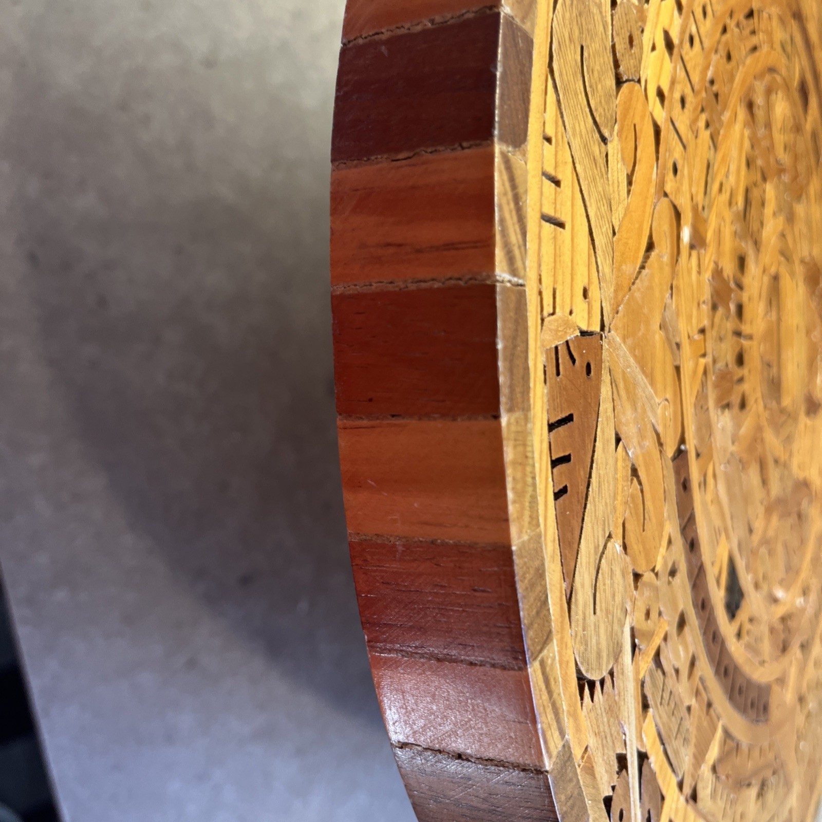 Vintage Aztec Mayan Calendar Mexico Inlaid Wall Hanging 13” Solid Wood