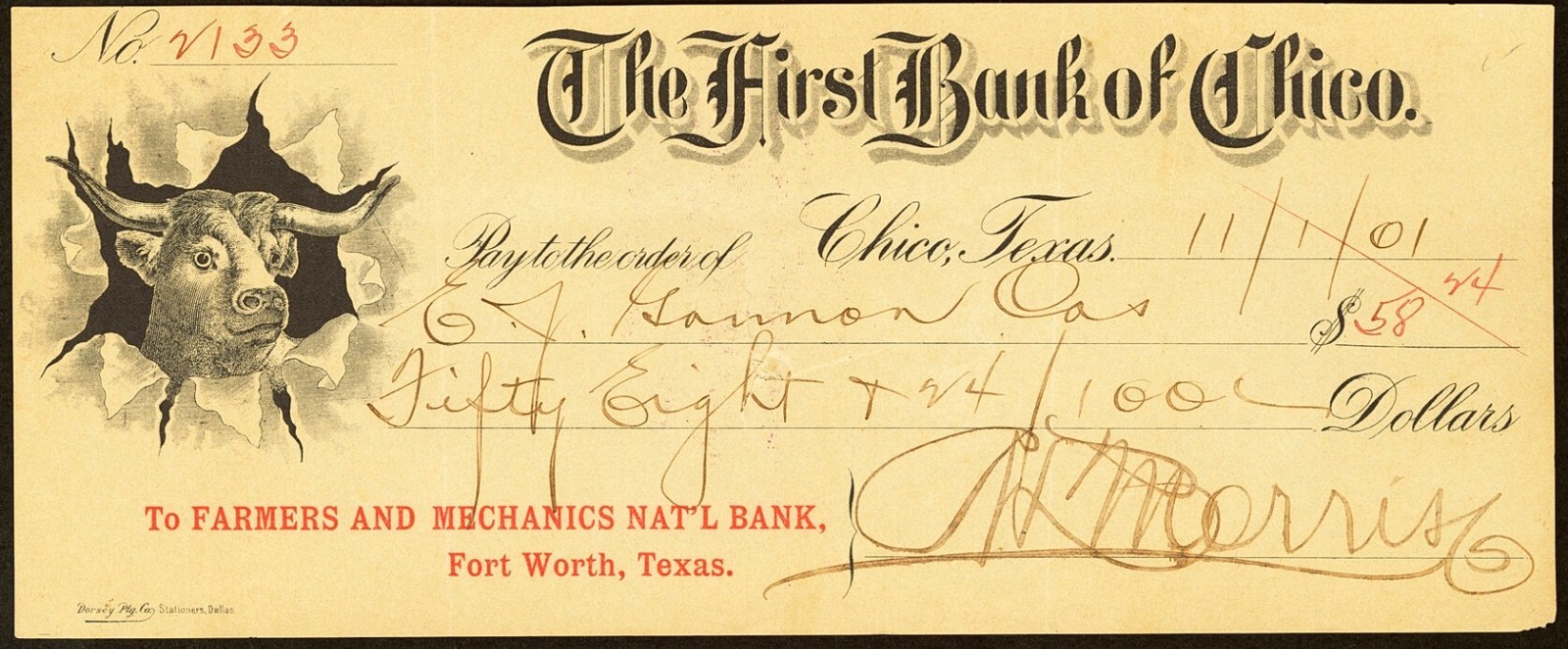 TX $58 The First Bank of CHICO Texas Nov 1, 1901 thru F&M Nat'l FORT WORTH check