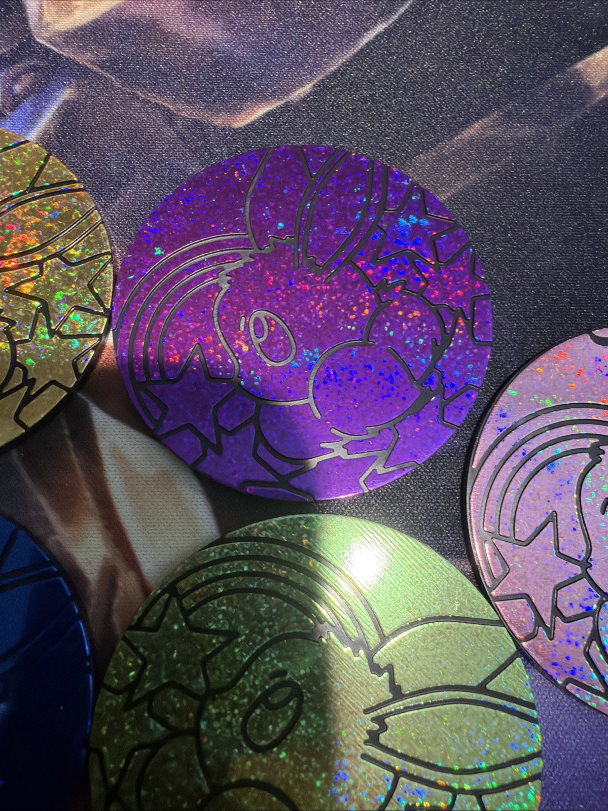 Set Of 7 Pokemon PRISMATIC EVOLUTIONS Jumbo Eevee Coins Sparkle Red Blue Pink