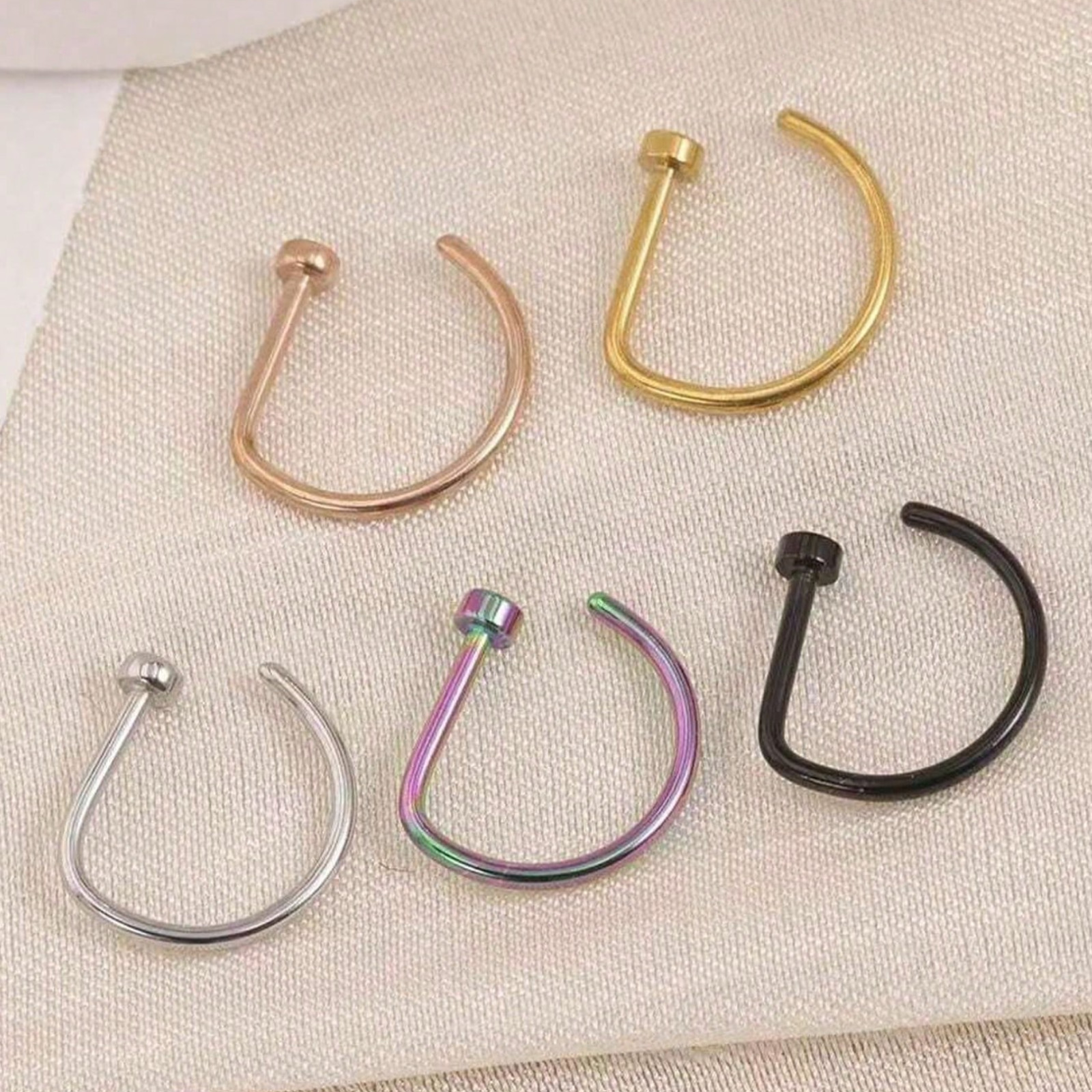 5Pcs Stainless Steel Fake Piercing Nose Ring D-Shape Punk Non Piercing Nose Clip