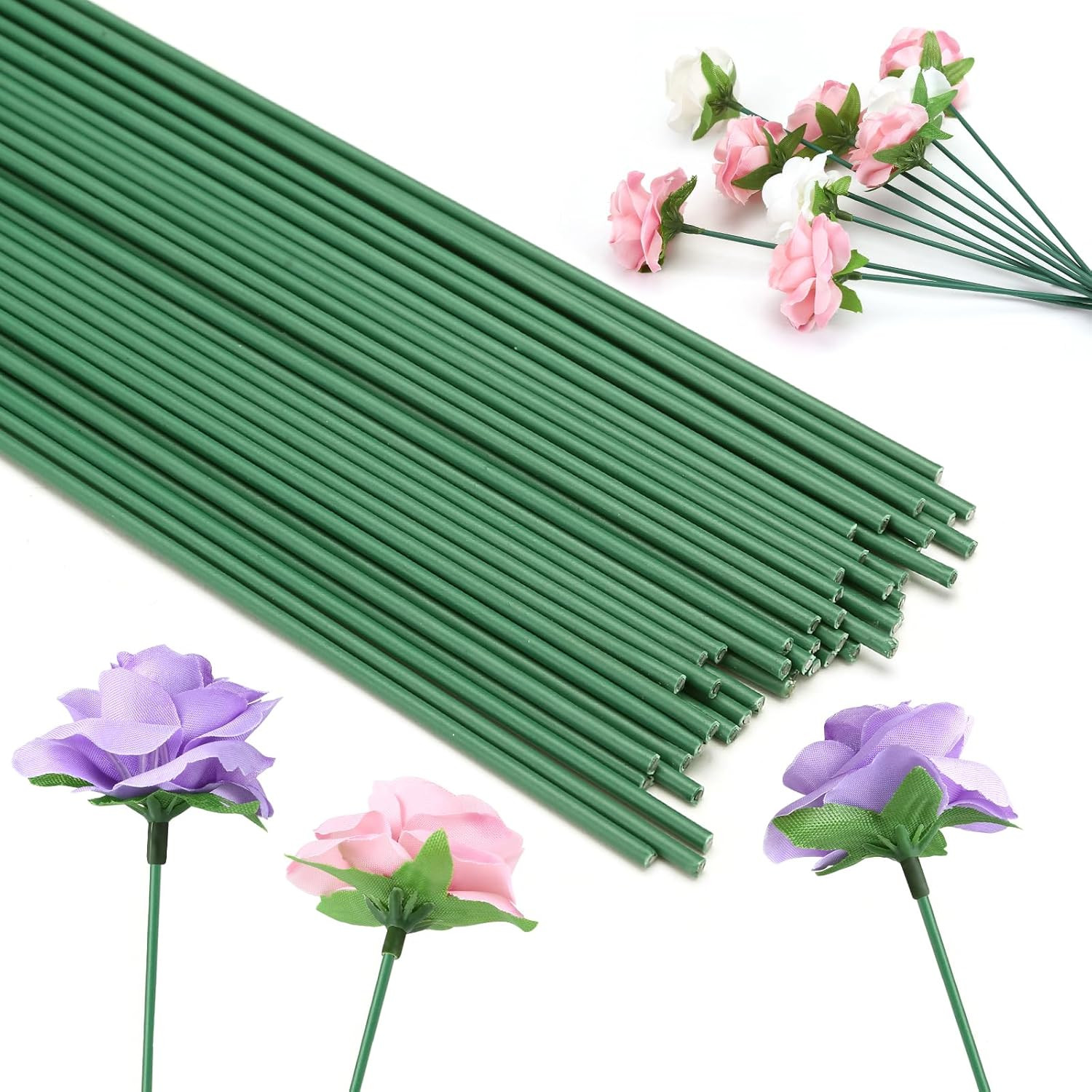 Green Floral Wire Stems, 50 Pieces, Thick Flower Rose Bud Sticks, 8 Inches