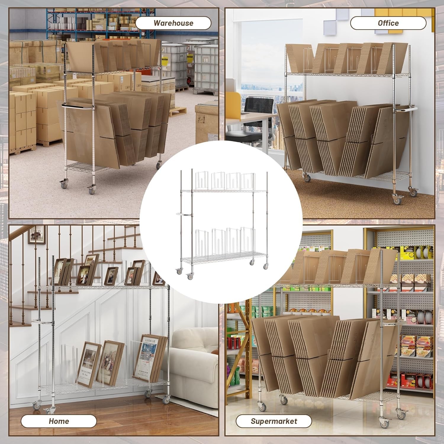Wire Carton Cart, 2-Tier Stand with Wheels for Cardboard Box Storage & Move