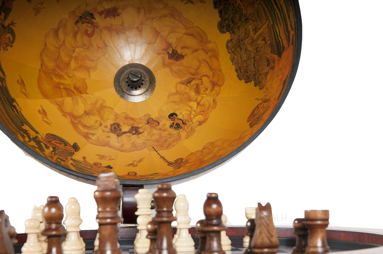 Unique Chess Board w/ Pieces Hidden in Wood Table Top Nautical Old World Globe