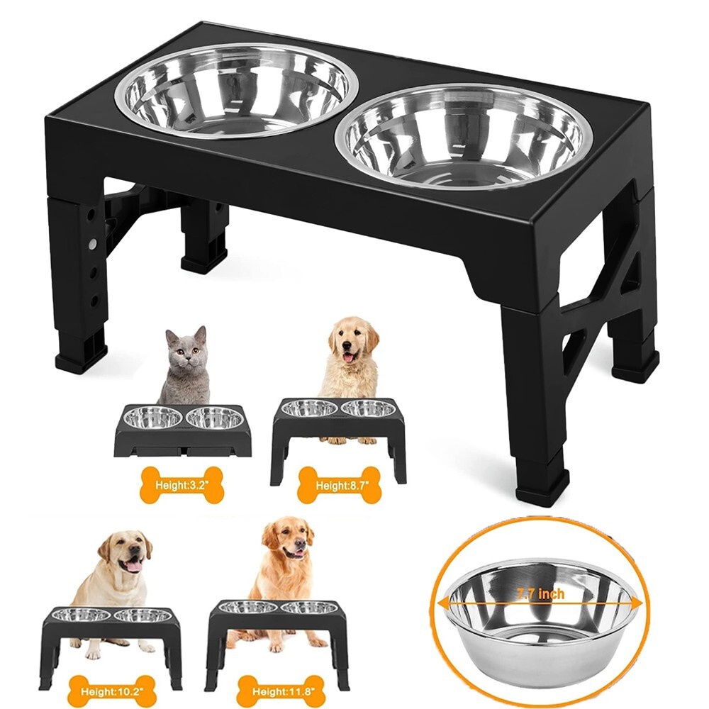 Elevated Dog Bowl Pet Feeder Stainless Steel Raised Food Water Stand w/ 2 Bowls