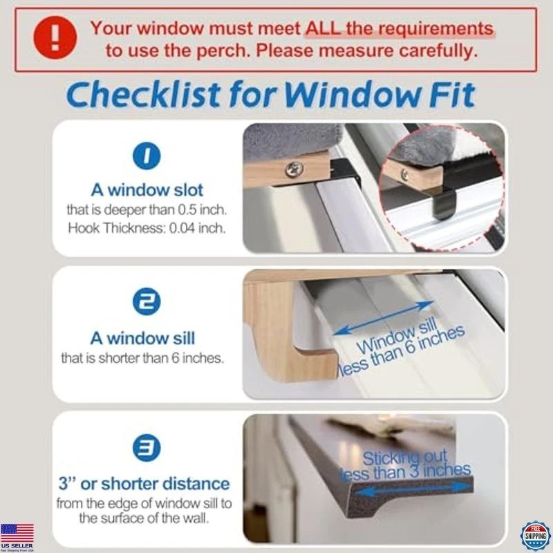 2PC Cat Window Perch Hammock - Pine Wood & Metal Frame, Gray Bed, 23''W x 14''D