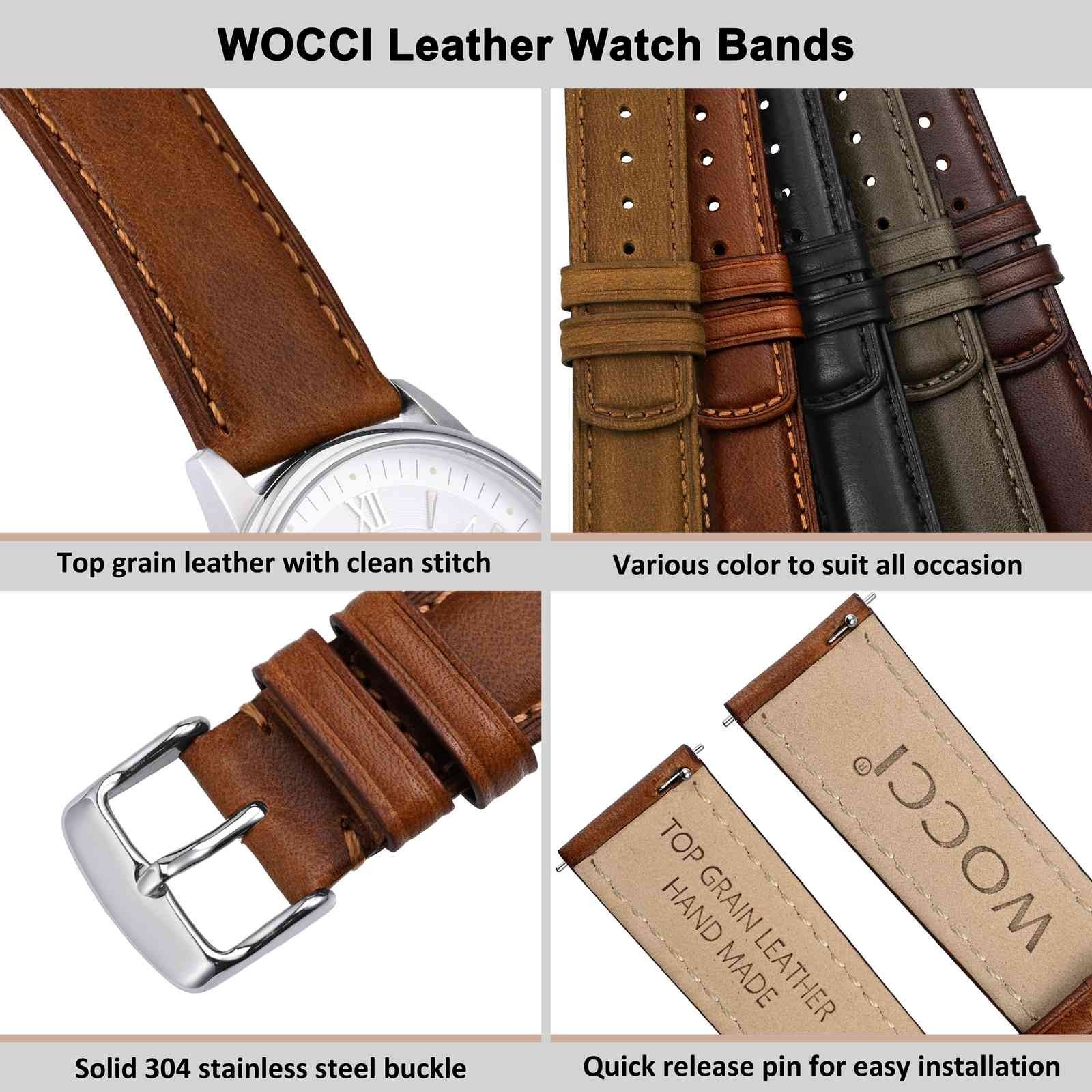 WOCCI Oil Wax Genuine Leather Watch Band, Quick Release Men Strap 18 20 22mm