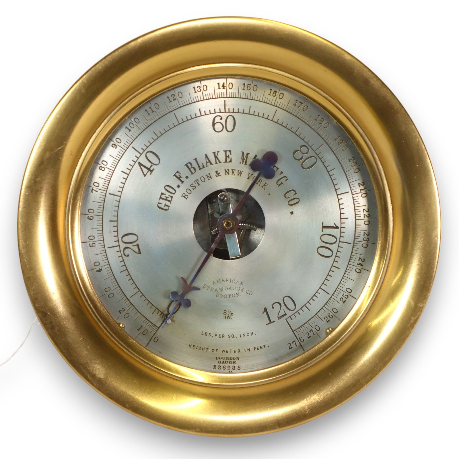 Geo F Blake Mfg Brass Bourdon Steam Pressure Gauge 11 1/4 Antique 1900