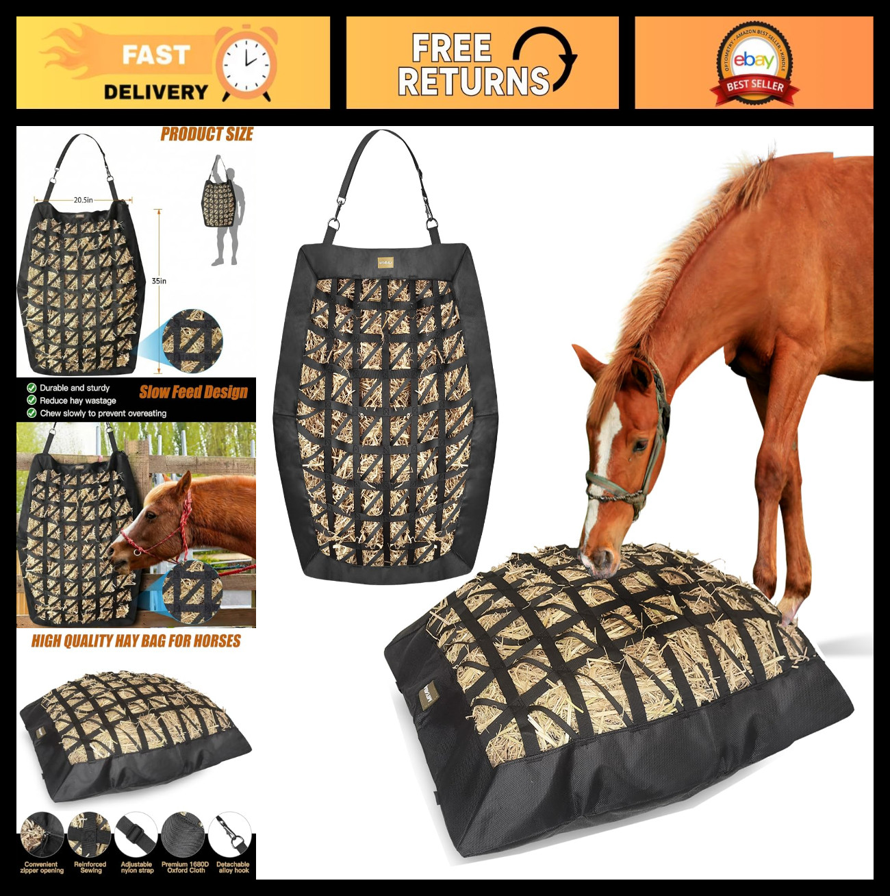 Ultra-Slow Feed Hay Bag for Horses, Goats & Cows - Durable 1680D Oxford Cloth, E