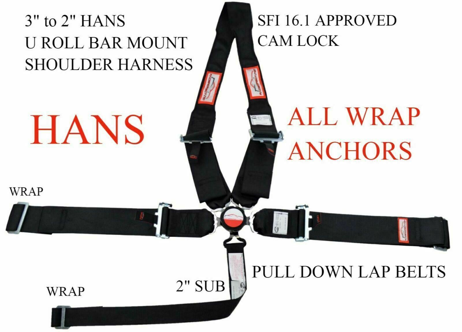 DRAGSTER U WRAP RACING HARNESS SFI 16.1 5 POINT 3" CAM LOCK PULL DOWN LAP BELTS