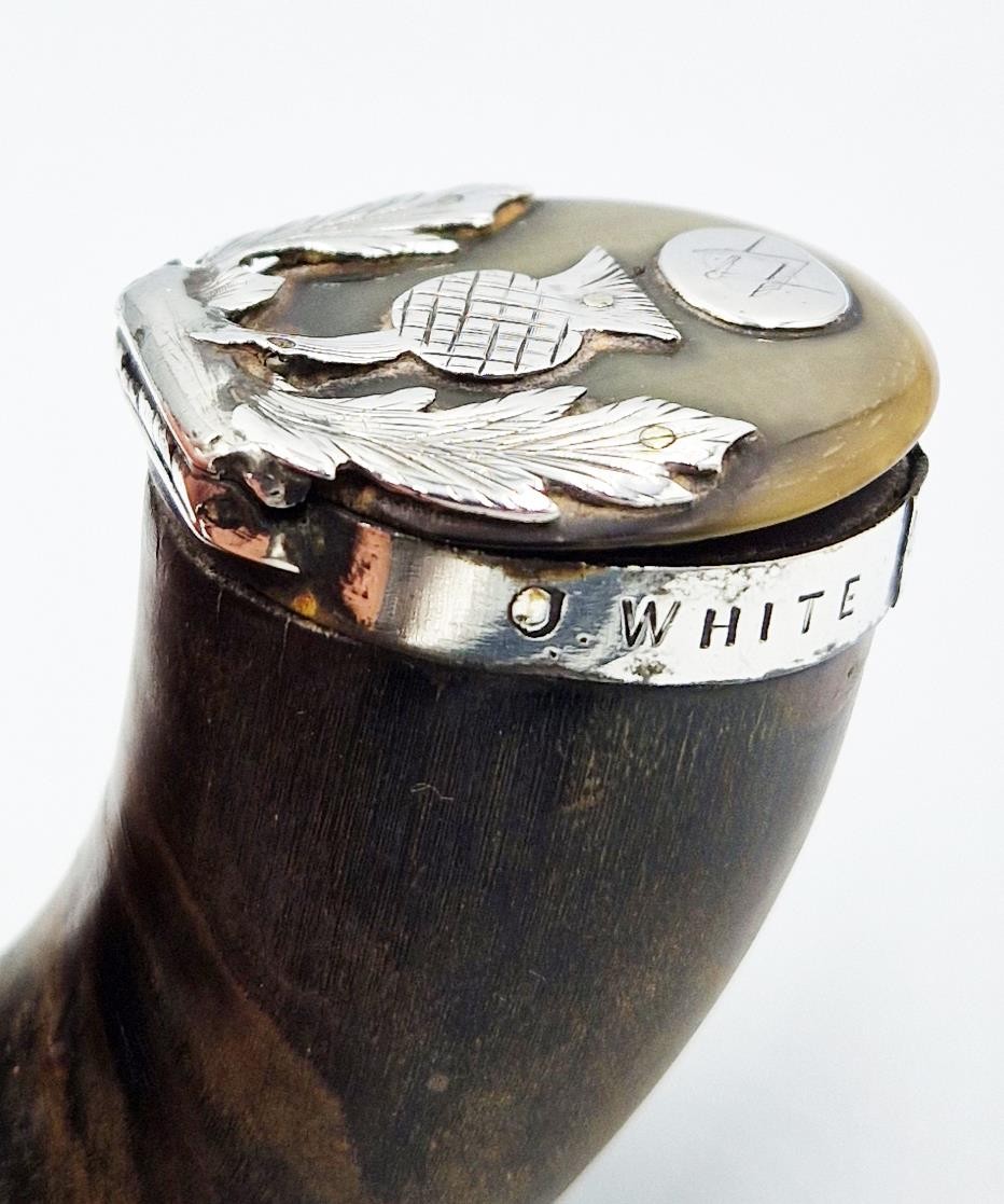 GEORGIAN SCOTTISH SOLID SILVER MOUNTED MASONIC RAMS HORN SNUFF MULL c1820