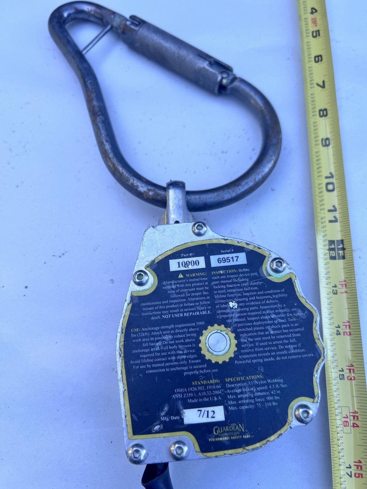 Guardian Fall Protection 11' Halo Web SRL 10900 & Carabiner Swivel Top Snap Hook