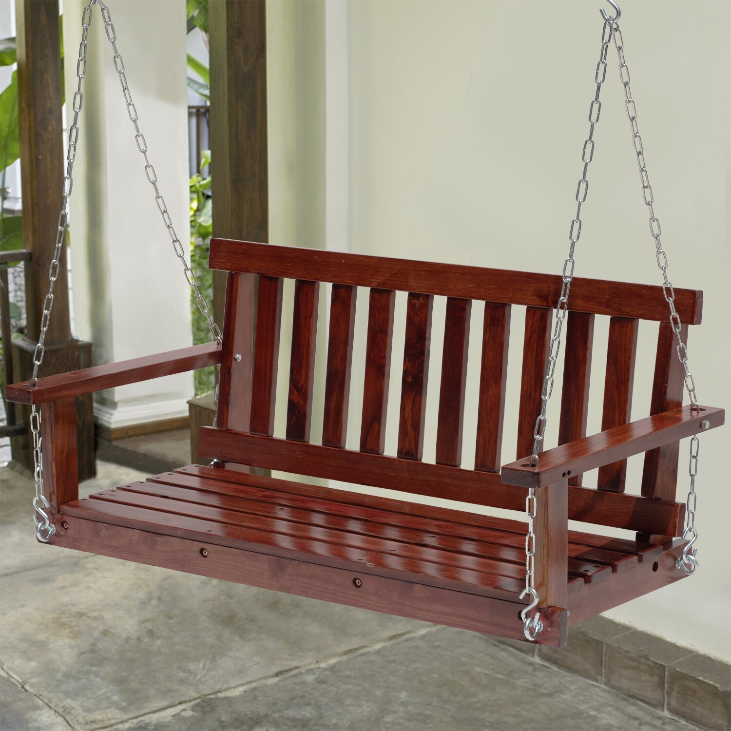 Wooden Porch Swing Heavy Duty 800lb Weight Capacity Swing Bench w/Hanging Chains